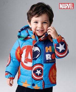 Babyhug Marvel Woven Winter Jacket with Full Sleeves and Hero In Training Print - Blue for 3-6 Months