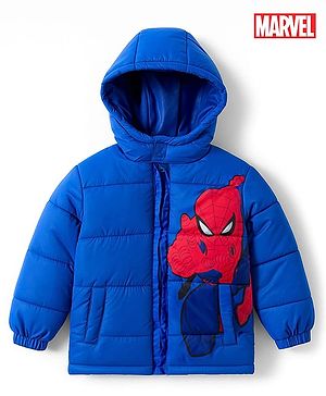 Babyhug Marvel Woven Hooded Winter Jacket with Full Sleeves and Spider-Man Graphic - Blue