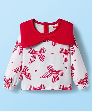 Babyhug 100% Cotton Knit Full Sleeves Top with Collar & Bow Print - Red & White