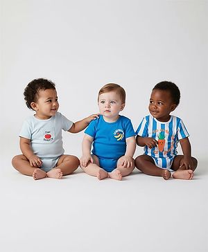 Bonfino 100% Cotton Knit Half Sleeves Onesies With Fruit & Veggie Print Pack of 3 - Blue