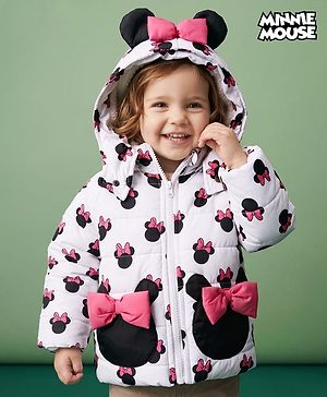 Babyhug Disney Woven Full Sleeves Hooded Winter Jacket With Minnie Mouse Print & Ear Bow Applique - White