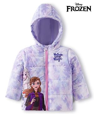 Babyhug Disney Woven Hooded Padded Winter Jacket With Full Sleeves and Elsa & Anna Graphic- Lavender