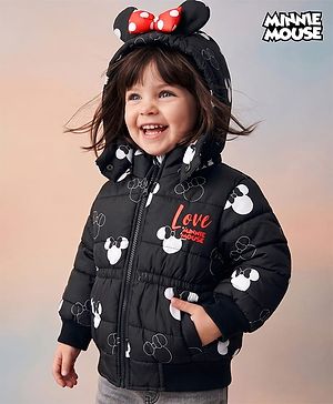 Babyhug Disney Woven Full Sleeves Hooded Winter Jacket With Minnie Mouse Print & Ear Bow Applique - Black