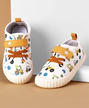 Cute Walk by Babyhug Casual Shoes with Velcro Closure And  Vehicle Print - White