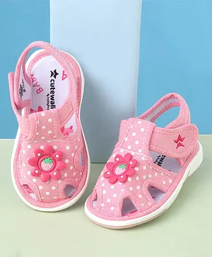Cute Walk by Babyhug Velcro Closure Polka
                      Dots Printed Sandal With Floral Applique - Pink