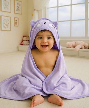 Babyhug Cotton Knit Hooded Wrapper With Ear Applique L 82 x B 77 cm - Lavender