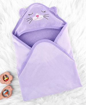 Babyhug Cotton Knit Hooded Wrapper With Animal Embroidery  L 81 x B 81 cm - Lavender