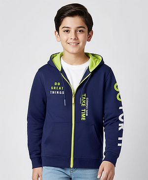 Pine Kids Cotton Knit Full Sleeves Hooded Sweatjacket With Text Print & Kangaroo Pockets - Navy Blue