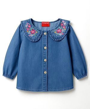 Babyhug Woven Full Sleeves Peter Pan Collar Front Open Denim Top With Floral Embroidery - Blue