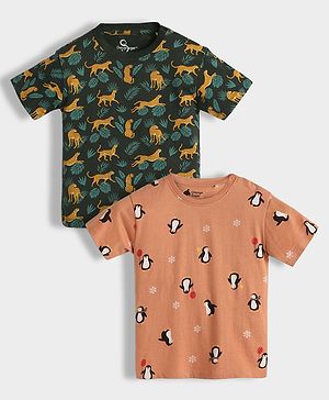Orange Sugar 100% Cotton Knit Pack Of 2 Half Sleeves Animal Printed Tees - Dark Green & Brown