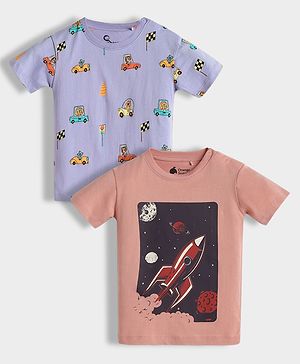 Orange Sugar 100% Cotton Knit Pack Of 2 Half Sleeves Animals In Cars & Rocket Printed Tees - Lavender & Soft Red
