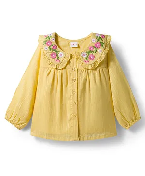 Babyhug 100% Cotton Knit Full Sleeves Top with Floral Embroidery - Yellow