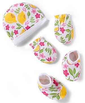 Babyhug 100% Cotton Knit Cap Mittens And Booties with Floral Print White - 10.5 cm Diameter