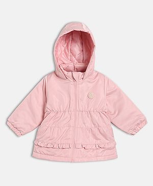 MINI KLUB Cotton Woven Full Sleeves Solid Light Winter Hooded Jacket - Pink