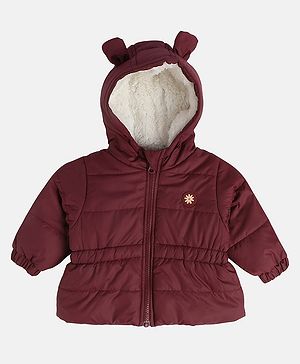 MINI KLUB Woven Full Sleeves Solid Heavy Winter Hooded Jacket - Burgundy