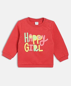 MINI KLUB Cotton Knit Full Sleeves Happy Girl Text Printed Light Winter Sweatshirt - Red