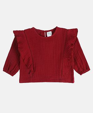 MINI KLUB Cotton Woven Full Sleeves Solid Frill Detailed Top - Maroon
