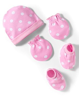 Babyhug 100% Cotton Knit Cap Mittens & Booties With Polka Dot Print Pink - Diameter 11 cm