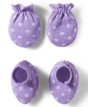 Babyhug 100% Cotton Knit Mittens & Booties Set with Floral Print - Purple