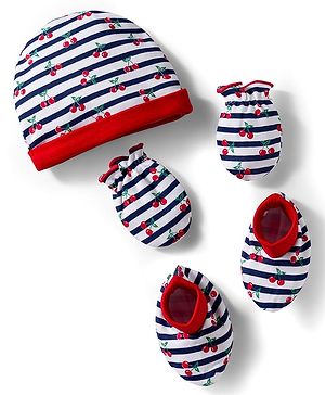 Babyhug 100% Cotton Cap Mittens & Booties Set With Cherry Print Red - Diameter 16 cm