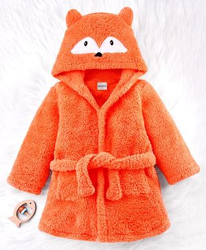 Babyhug Velour Knit Full Sleeves Hooded Bathrobe with Fox Applique & Embroidery - Orange