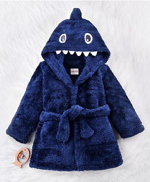 Babyhug Velour Knit Full Sleeves Hooded Bathrobe with Shark Applique & Embroidery - Navy Blue