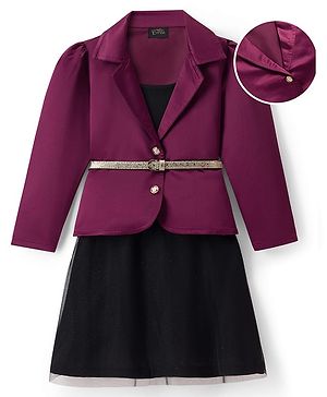 Hola Bonita Woven Three Fourth Sleeves Party Wear Satin Jacket with Mesh Glitter Dress & Belt - Wine & Black