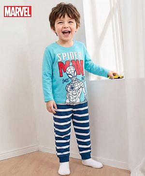 Babyhug Marvel Single Jersey Knit Full Sleeves Night Suit With Spider Man Graphics - Blue