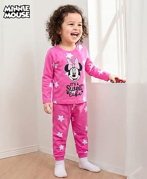 Babyhug Disney Single Jersey Knit Full Sleeves Night Suit With Minnie Mouse Graphics - Pink