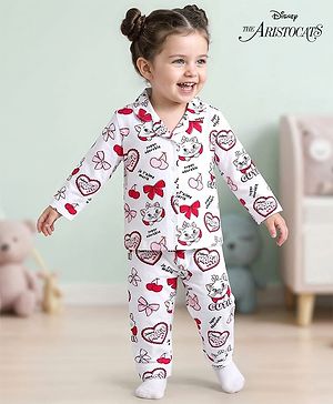 Babyhug Disney Single Jersey Knit Full Sleeves Co-ords Night Suit with Marie Print - White