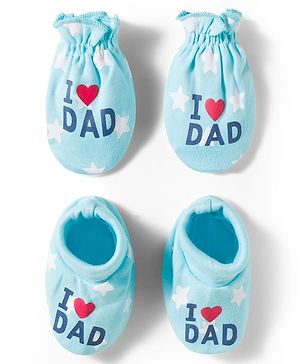 Babyhug 100% Cotton Interlock Knit Mittens & Booties Set With Text Print - Light Blue