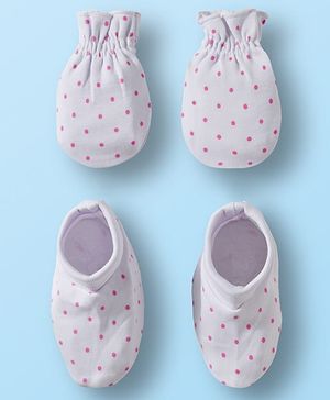 Babyhug 100% Cotton Knit Mittens & Booties Set with Polka Dot Print - White