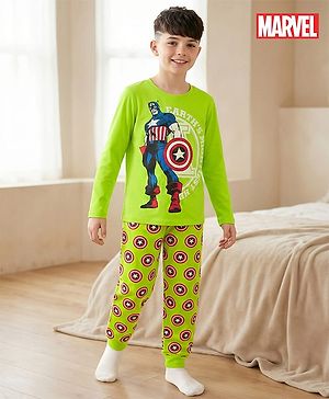 Pine Kids Marvel Single Jersey Knit Full Sleeves Night Suit With Captain America Graphics - Limegreen