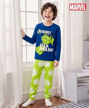 Pine Kids Single Jersey Knit Full Sleeves Night Suit With Hulk Graphics - Navy Blue & Green