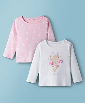 Kookie Kids Interlock Knit Full
                              Sleeves T-Shirts With Heart & Teddy
                              Print & Floral Applique Pack of 2 -
                              Pink & White