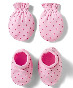 Babyhug 100% Cotton Knit  Mittens & Booties Set with Polka Dot Print - Pink