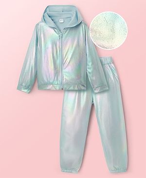 Hola Bonita Knit Full Sleeves Shiny Party Hooded Top & Pant Set - Light Blue