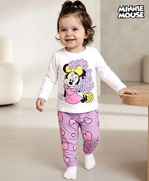 Babyhug Disney Single Jersey Knit Full Sleeves Night Suit with Minnie Mouse Graphic - Purple