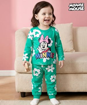 Babyhug Disney Single Jersey Knit Full Sleeves Night Suit With Minnie Mouse Print - Green