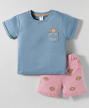 ToffyHouse Cotton Knit Half Sleeves
                              T-Shirt & Striped Shorts Set with
                              Monkey Embroidery - Light Blue & Red