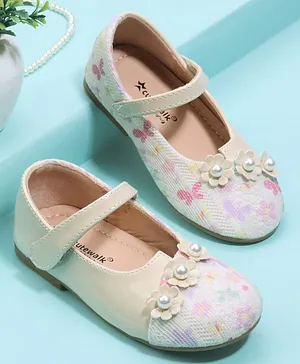 Cute Walk by Babyhug Velcro Closure Ballerina
                      with Floral Applique - Beige