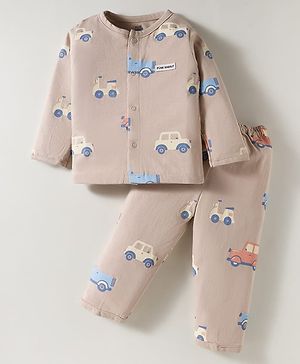 Pink Rabbit Single Jersey Full Sleeves Night Suit With Vehicle Print - Tan