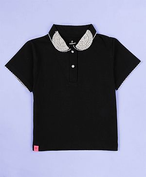 Kiddopanti Cotton Knit Half Sleeves Beads & Lace Embellished Collared Polo Tee   - Black