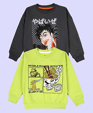 Kiddopanti Pack Of 2 Fleece Woven Full Sleeves Anime Illustration & Ramen Bowl Printed Light Winter Sweatshirt - Grey & Neon Green