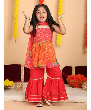 Kinder Kids Cotton Woven Sleeveless
                              Bandhani Printed & Gota Lace
                              Embellished Kurti Sharara With Dupatta Set
                              - Red