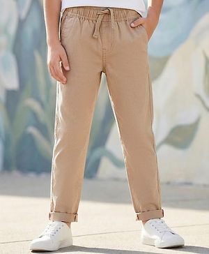 Pine Kids Cotton Elastane Woven Full Length Solid Trouser - Beige