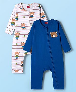 Babyhug 100% Cotton Knit Full Sleeves Rompers With Teddy Bear Print Pack of 2 - Navy Blue & White