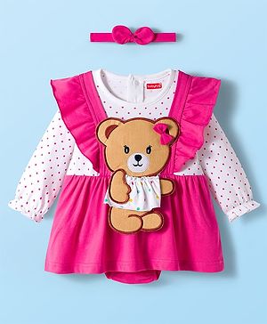 Babyhug Interlock Knit 100% Cotton Frock Style Onesies with Hairband & Teddy Patch- Dark Pink