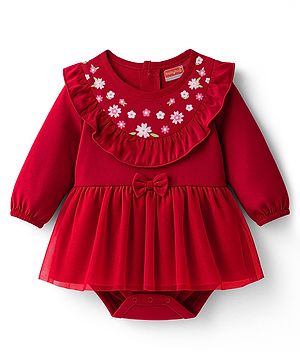 Babyhug 100% Cotton Knit Full Sleeves Frock Style Onesie With Floral Print & Bow Applique - Red