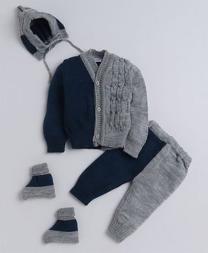 Little Angels Woollen Knitted Full Sleeves Colour Blocked Sweater Set With Cap & Socks -  Grey & Navy Blue
